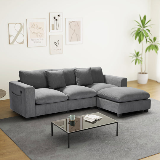 Hearthside 99" Modular Corduroy L-Shaped Sectional Sofa and Chaise With USB/Type-C Ports and Side Pockets