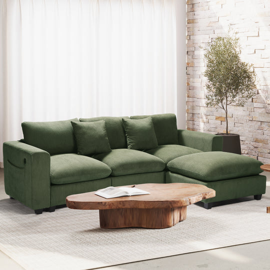 Hearthside 99" Modular Corduroy L-Shaped Sectional Sofa and Chaise With USB/Type-C Ports and Side Pockets