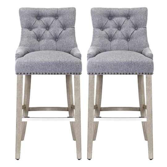 Hayes 29" Upholstered Tufted Wood Bar Stool (Set of 2), Antique Gray
