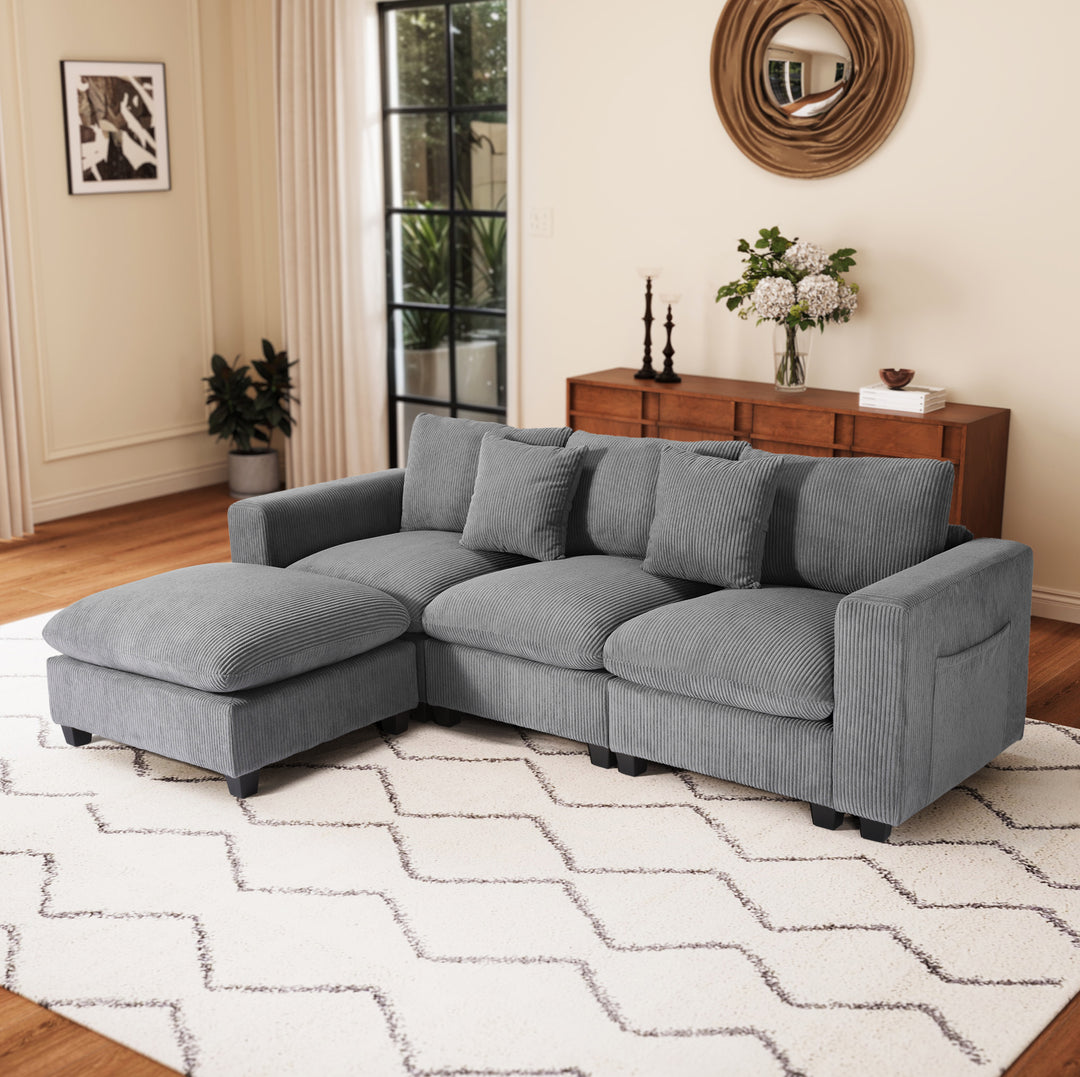 Hearthside 99" Modular Corduroy L-Shaped Sectional Sofa and Chaise With USB/Type-C Ports and Side Pockets