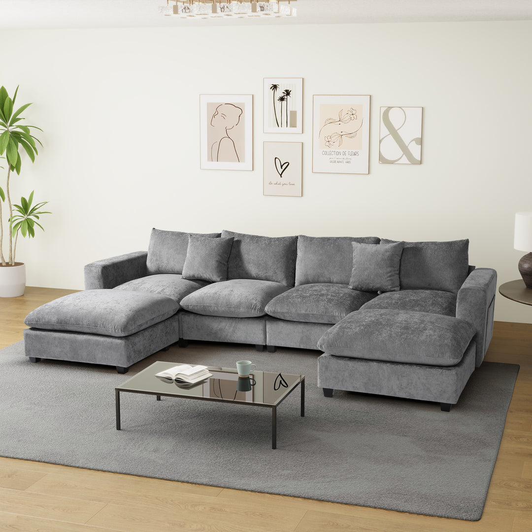 Augusta 128" Chenille Modular U-Shaped Sectional Couch and Chaise With USB/Type-C Ports and Side Pockets