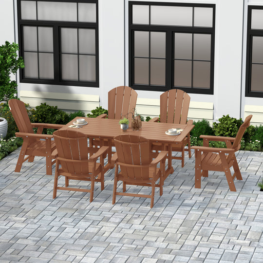 Malibu 7 Piece Outdoor Patio Dining Table and Adirondack Armchair Set