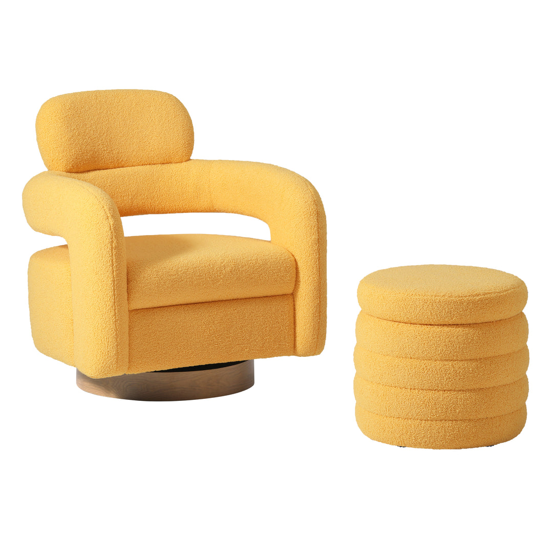 Alexandria Mid-Century Modern Sherpa Swivel Barrel Accent Chair With Storage Ottoman