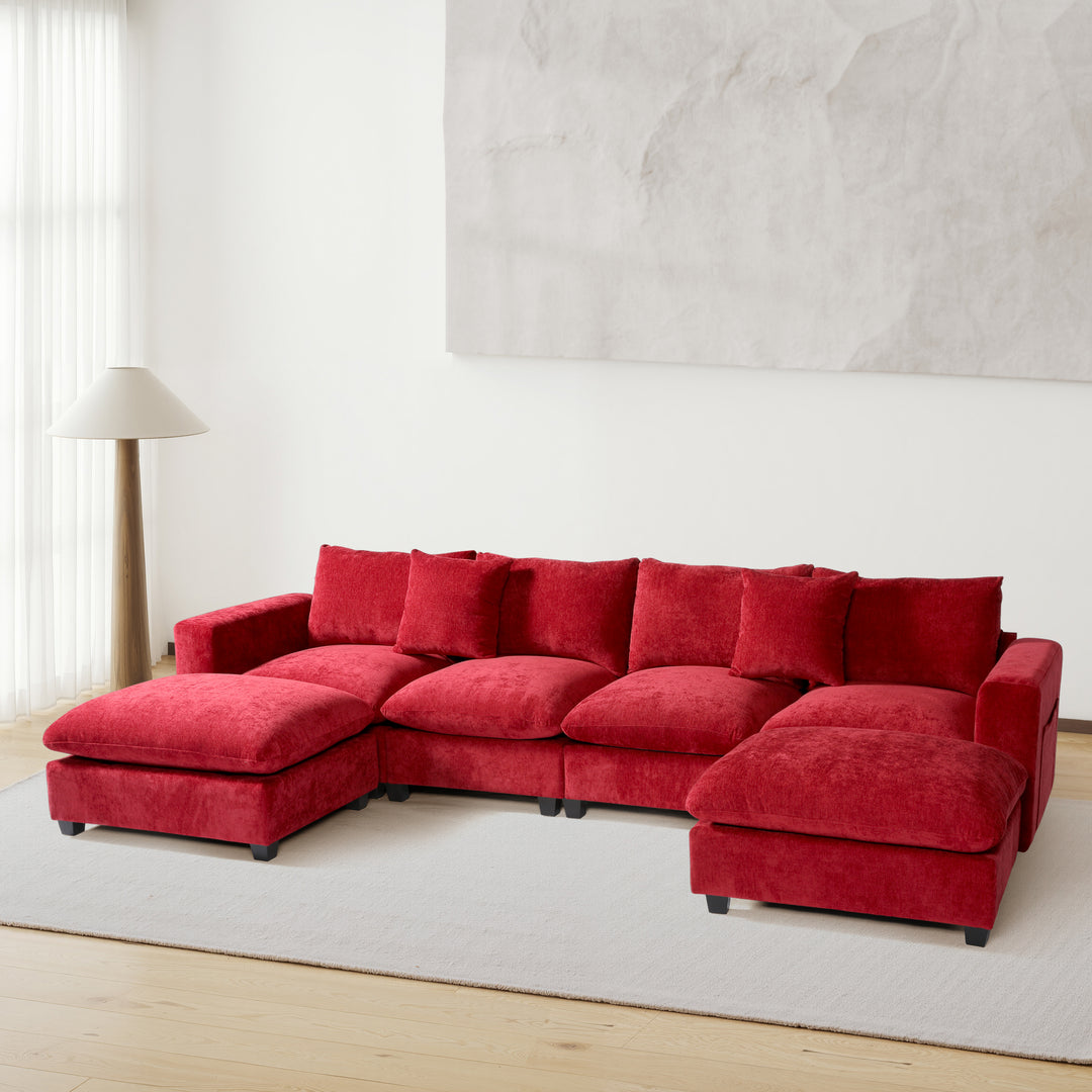 Augusta 128" Chenille Modular U-Shaped Sectional Couch and Chaise With USB/Type-C Ports and Side Pockets