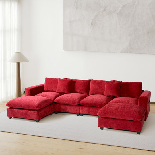 Augusta 128" Chenille Modular U-Shaped Sectional Couch and Chaise With USB/Type-C Ports and Side Pockets