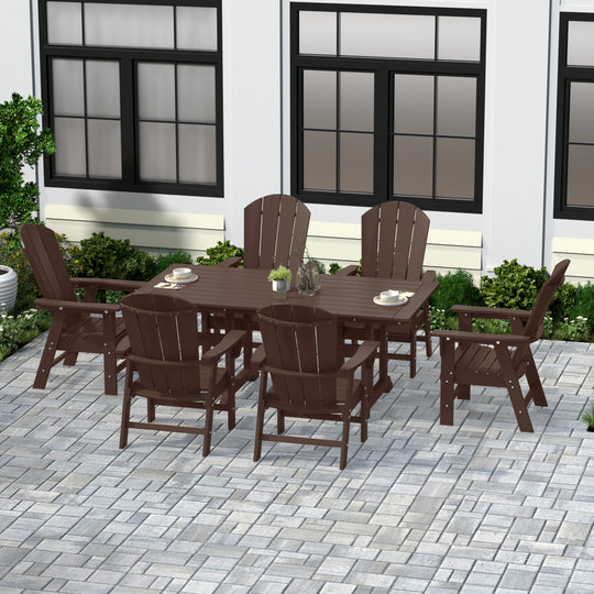 Malibu 7 Piece Outdoor Patio Dining Table and Adirondack Armchair Set
