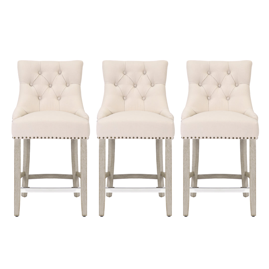 Hayes 24" Upholstered Tufted Wood Bar Stool (Set of 3), Antique Gray