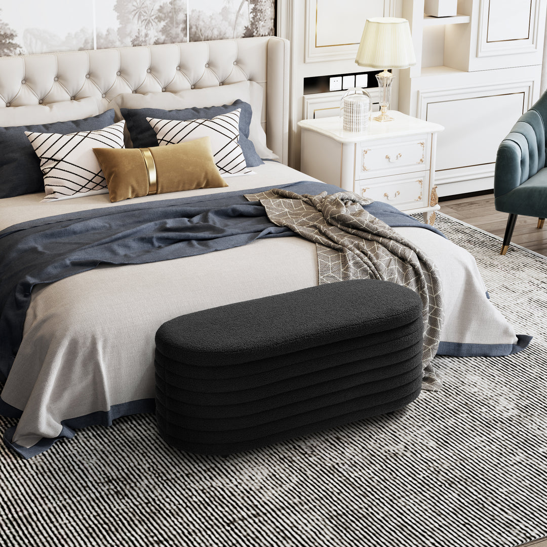 Alexandria 42" Wide Mid-Century Modern Upholstered Teddy Sherpa Tufted Oval Storage Ottoman Bench
