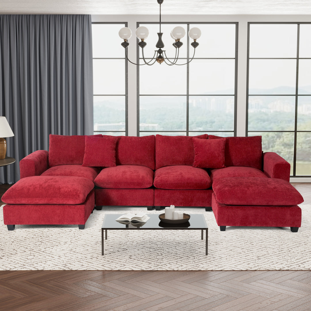 Augusta 128" Chenille Modular U-Shaped Sectional Couch and Chaise With USB/Type-C Ports and Side Pockets