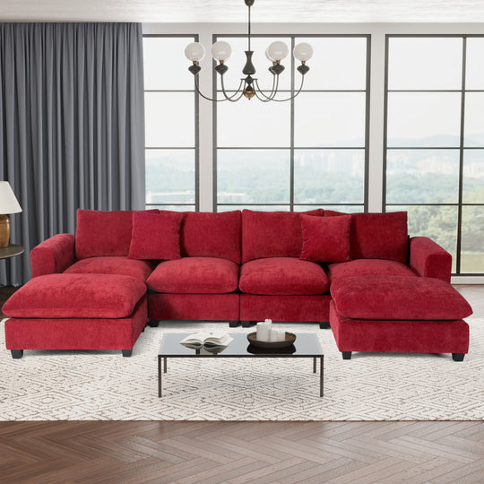 Augusta 128" Chenille Modular U-Shaped Sectional Couch and Chaise With USB/Type-C Ports and Side Pockets