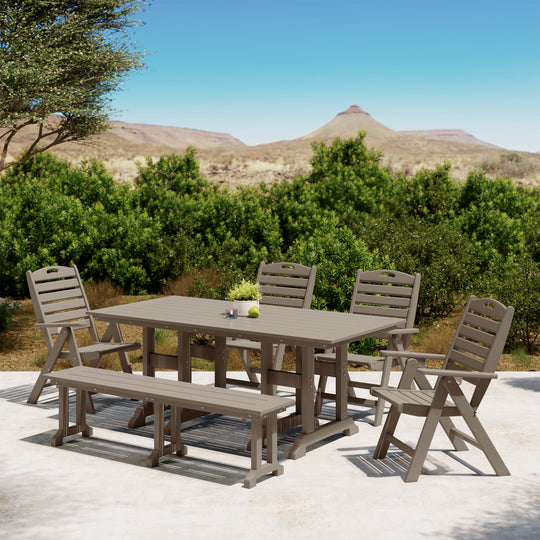 Malibu 6-Piece HDPE Rectangular Patio Dining Table Set with Foldable Chairs and Patio Bench