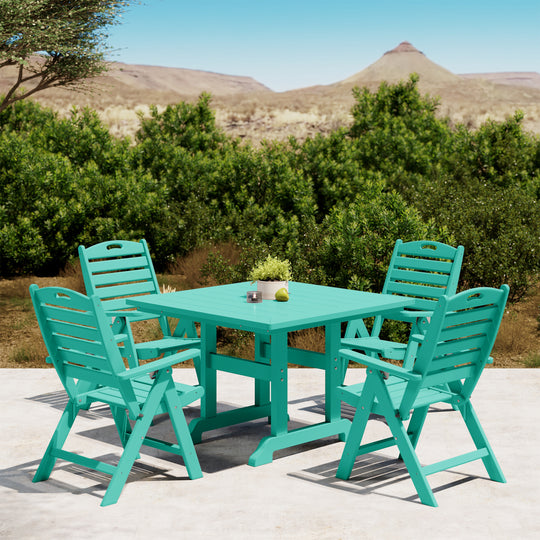 Malibu 5-Piece HDPE Square Patio Dining Table Set with Foldable Chairs