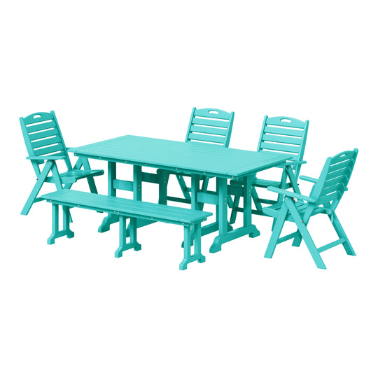 Malibu 6-Piece HDPE Rectangular Patio Dining Table Set with Foldable Chairs and Patio Bench
