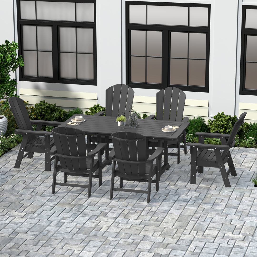 Malibu 7 Piece Outdoor Patio Dining Table and Adirondack Armchair Set