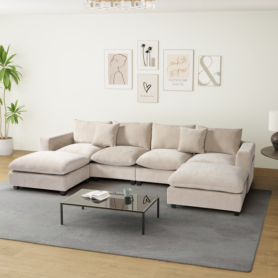 Augusta 128" Chenille Modular U-Shaped Sectional Couch and Chaise With USB/Type-C Ports and Side Pockets