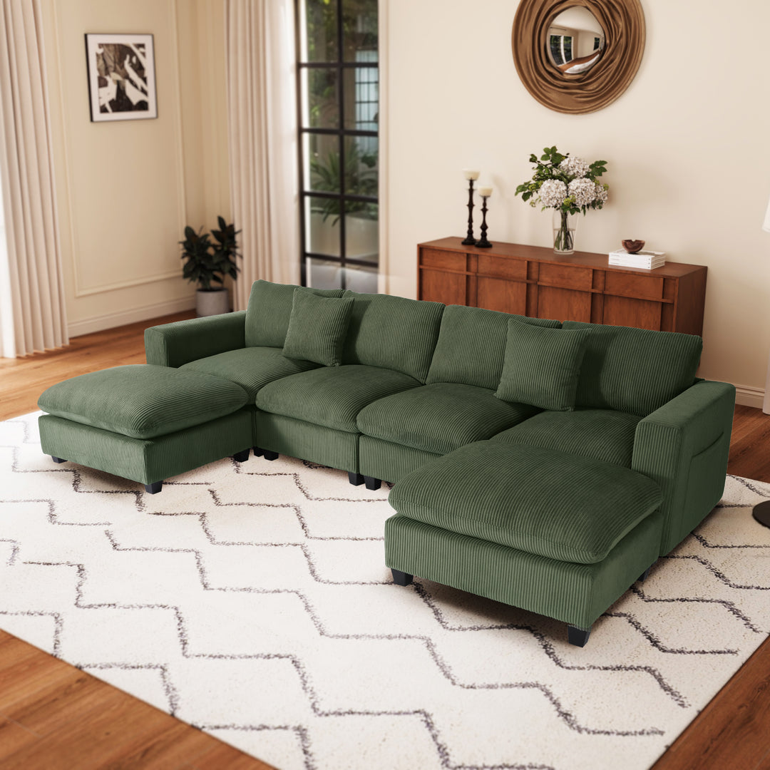 Hearthside 128" Corduroy Modular U-Shaped Sectional Couch and Chaise With USB/Type-C Ports and Side Pockets