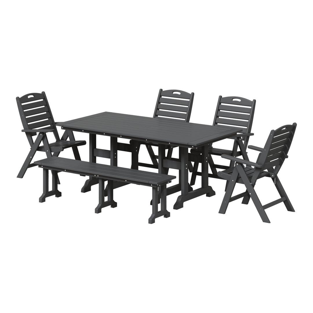 Malibu 6-Piece HDPE Rectangular Patio Dining Table Set with Foldable Chairs and Patio Bench