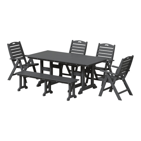 Malibu 6-Piece HDPE Rectangular Patio Dining Table Set with Foldable Chairs and Patio Bench