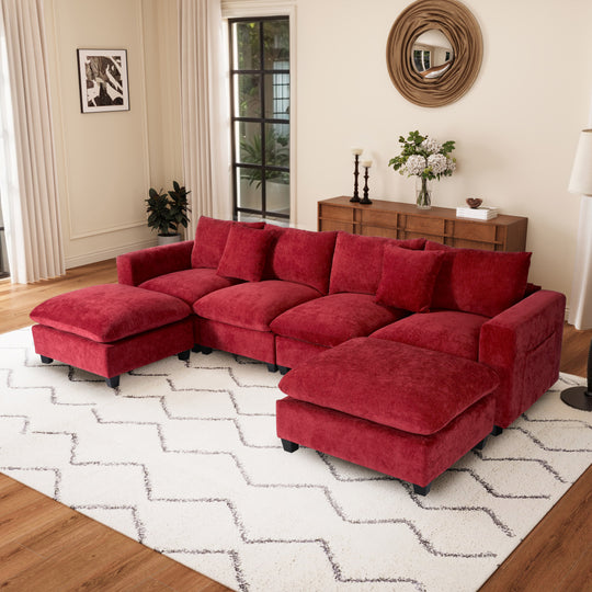 Augusta 128" Chenille Modular U-Shaped Sectional Couch and Chaise With USB/Type-C Ports and Side Pockets