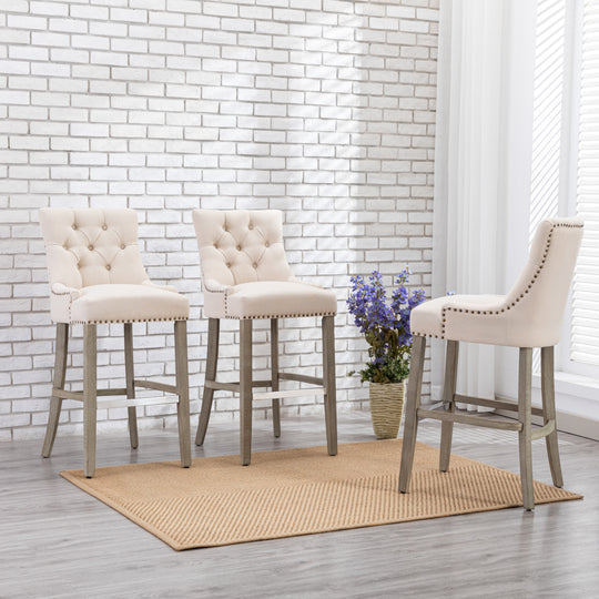 Hayes 29" Upholstered Tufted Wood Bar Stool (Set of 3), Antique Gray
