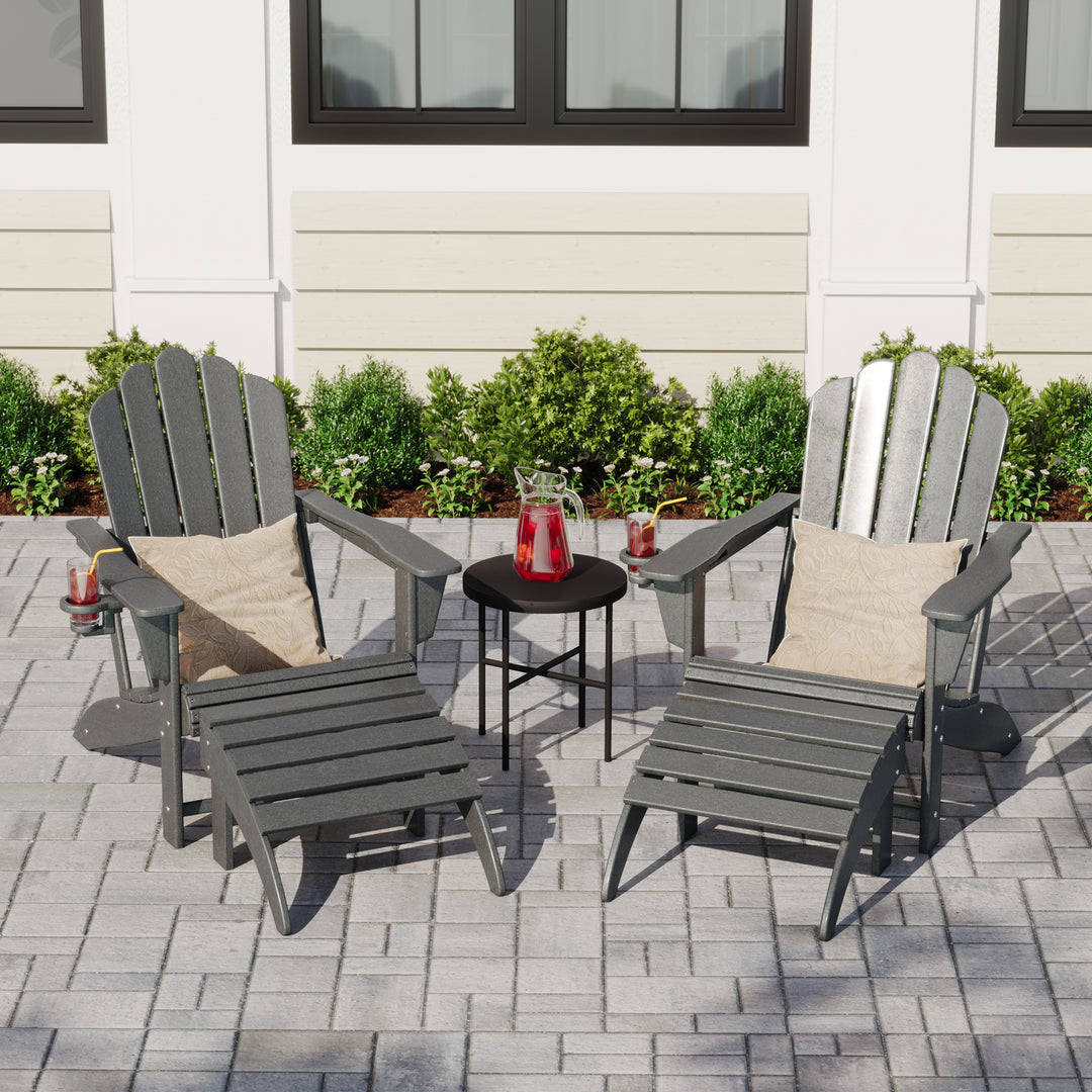 Highland 4-Piece Outdoor Patio HDPE Adirondack Chairs With Ottomans and Cup Holder Set
