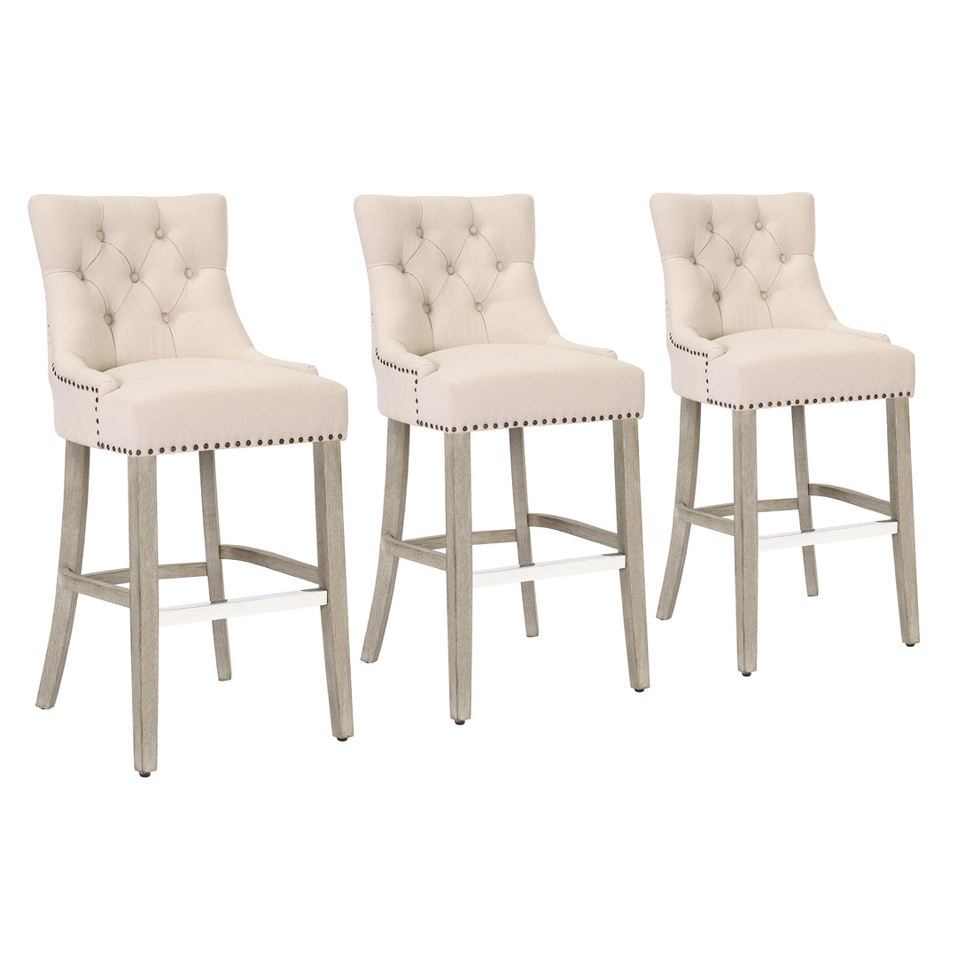 Hayes 29" Upholstered Tufted Wood Bar Stool (Set of 3), Antique Gray