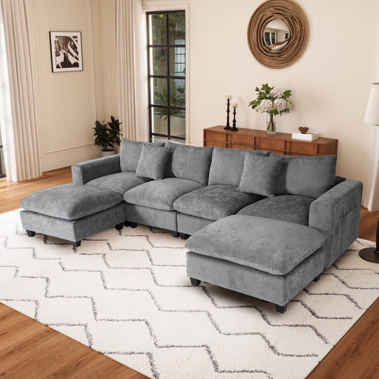 Augusta 128" Chenille Modular U-Shaped Sectional Couch and Chaise With USB/Type-C Ports and Side Pockets