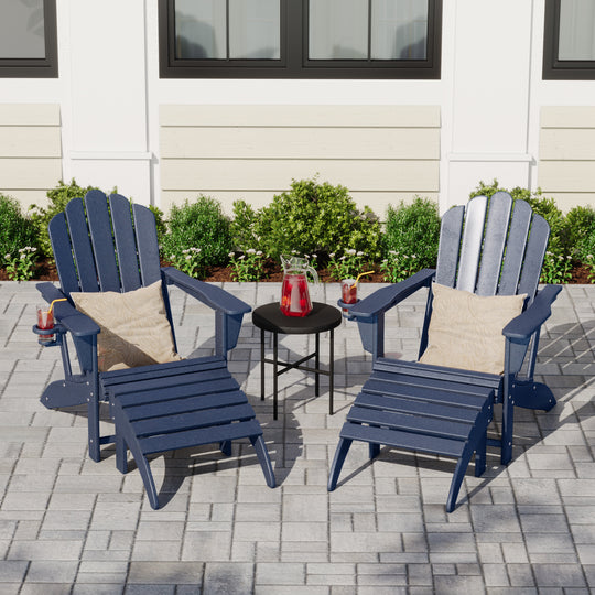 Highland 4-Piece Outdoor Patio HDPE Adirondack Chairs With Ottomans and Cup Holder Set