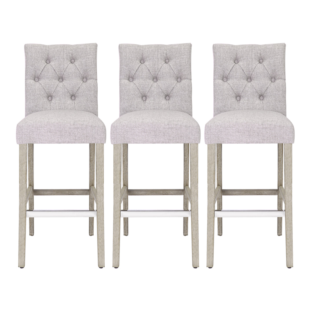 Hayes 29" Linen Fabric Tufted Bar Stool (Set of 3), Antique Gray
