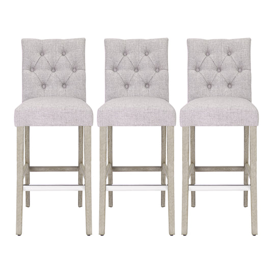 Hayes 29" Linen Fabric Tufted Bar Stool (Set of 3), Antique Gray