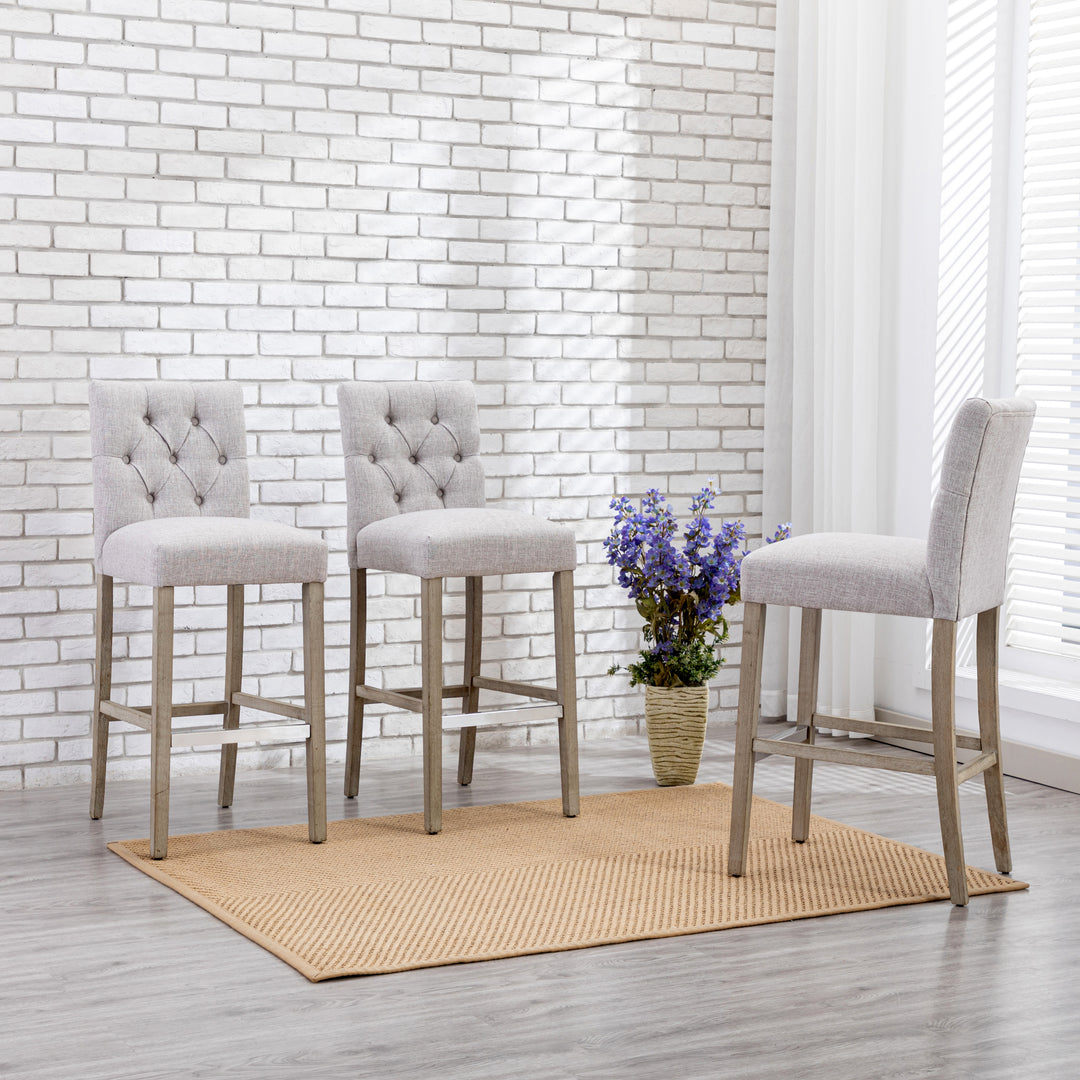 Hayes 29" Linen Fabric Tufted Bar Stool (Set of 3), Antique Gray