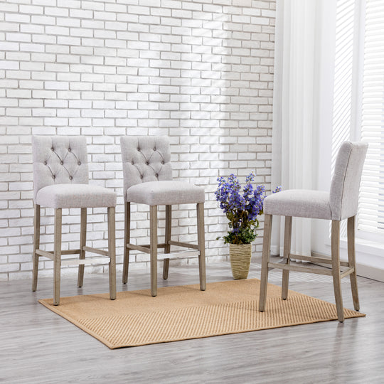 Hayes 29" Linen Fabric Tufted Bar Stool (Set of 3), Antique Gray
