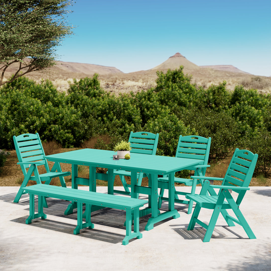 Malibu 6-Piece HDPE Rectangular Patio Dining Table Set with Foldable Chairs and Patio Bench