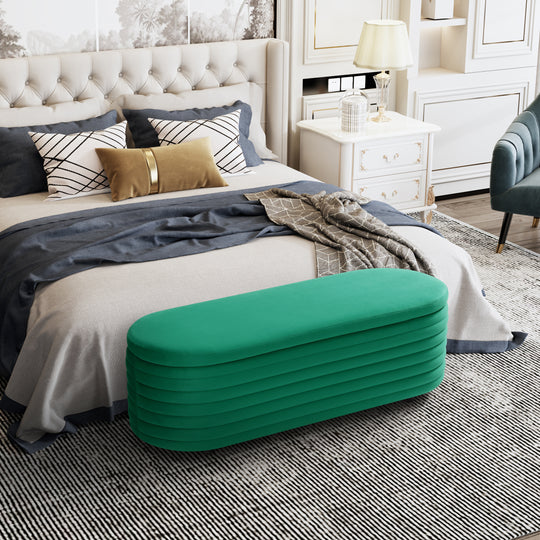 Phoebe 54" Wide Mid-Century Modern Upholstered Velvet Tufted Oval Storage Ottoman Bench