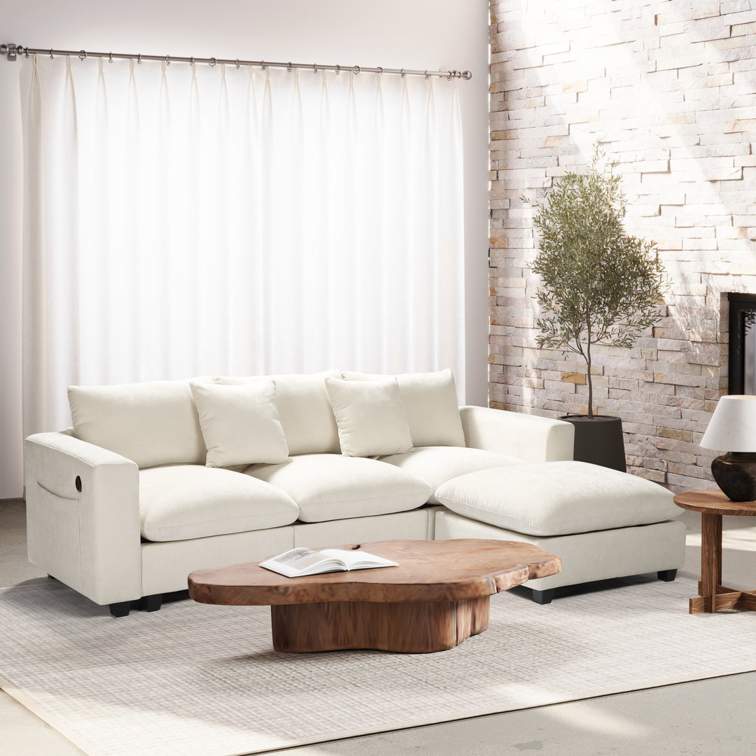 Augusta 99" Modular Chenille L-Shaped Sectional Sofa and Chaise With USB/Type-C Ports and Side Pockets