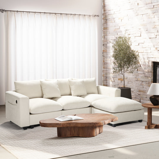 Augusta 99" Modular Chenille L-Shaped Sectional Sofa and Chaise With USB/Type-C Ports and Side Pockets