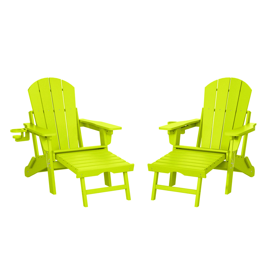 Malibu Folding Adjustable Adirondack Chair with Retractable Ottoman and Cup Holder (Set of 2)