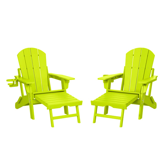 Malibu Folding Adjustable Adirondack Chair with Retractable Ottoman and Cup Holder (Set of 2)