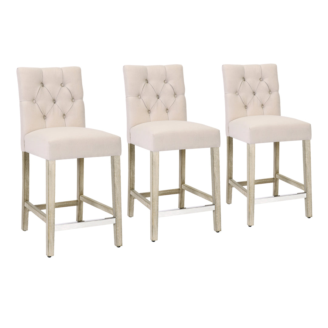 Hayes 24" Linen Fabric Tufted Counter Stool (Set of 3), Antique Gray