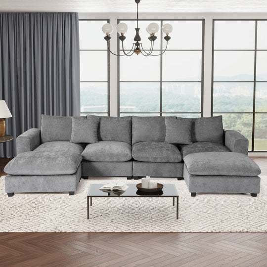 Augusta 128" Chenille Modular U-Shaped Sectional Couch and Chaise With USB/Type-C Ports and Side Pockets