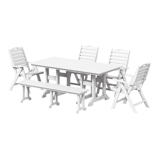 Malibu 6-Piece HDPE Rectangular Patio Dining Table Set with Foldable Chairs and Patio Bench