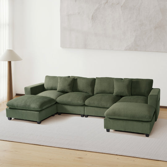 Hearthside 128" Corduroy Modular U-Shaped Sectional Couch and Chaise With USB/Type-C Ports and Side Pockets