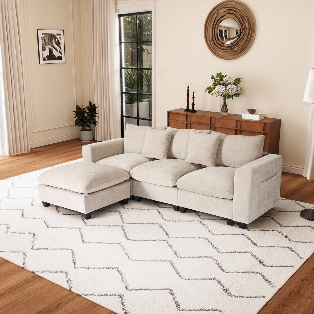 Augusta 99" Modular Chenille L-Shaped Sectional Sofa and Chaise With USB/Type-C Ports and Side Pockets