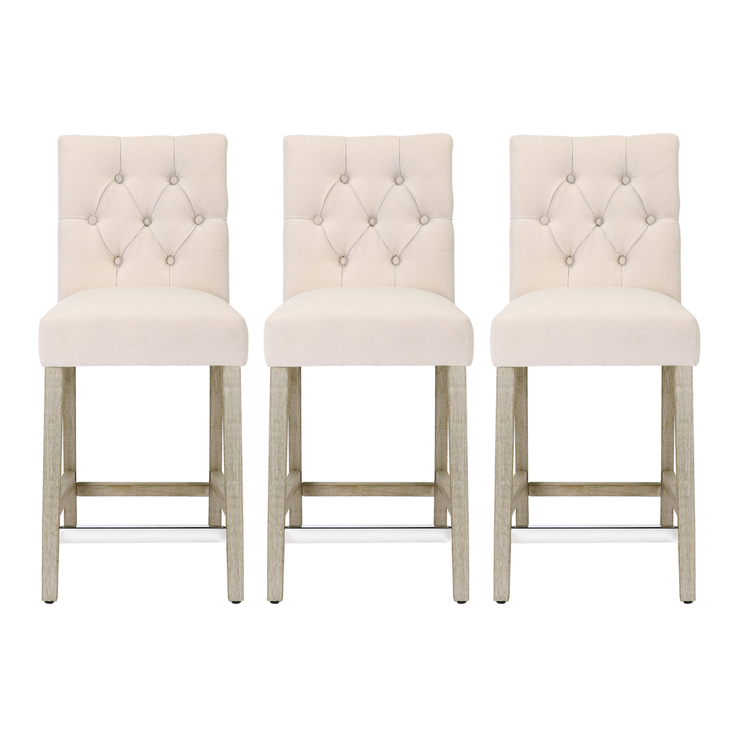 Hayes 24" Linen Fabric Tufted Counter Stool (Set of 3), Antique Gray