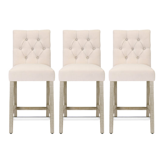 Hayes 24" Linen Fabric Tufted Counter Stool (Set of 3), Antique Gray