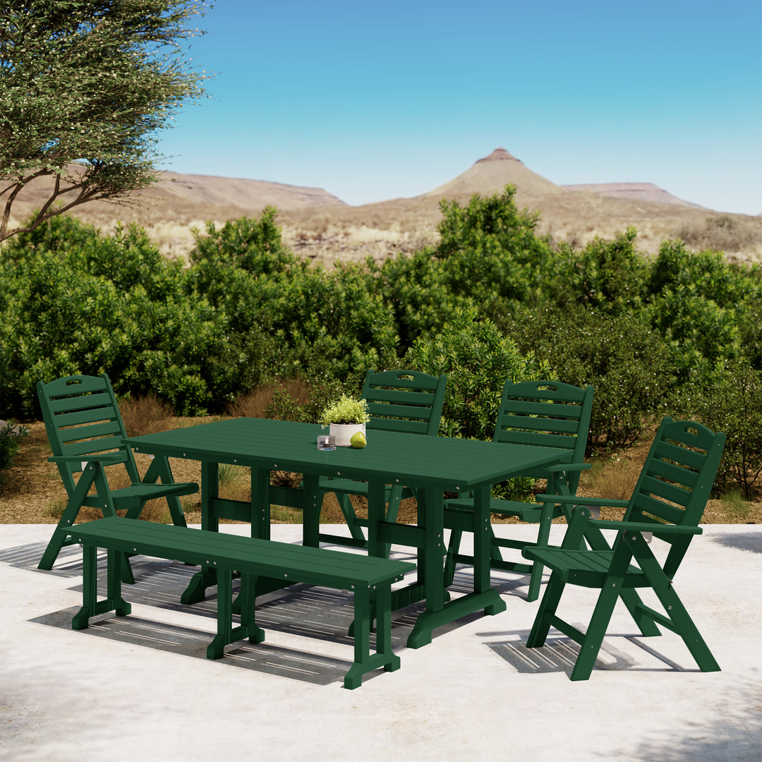 Malibu 6-Piece HDPE Rectangular Patio Dining Table Set with Foldable Chairs and Patio Bench