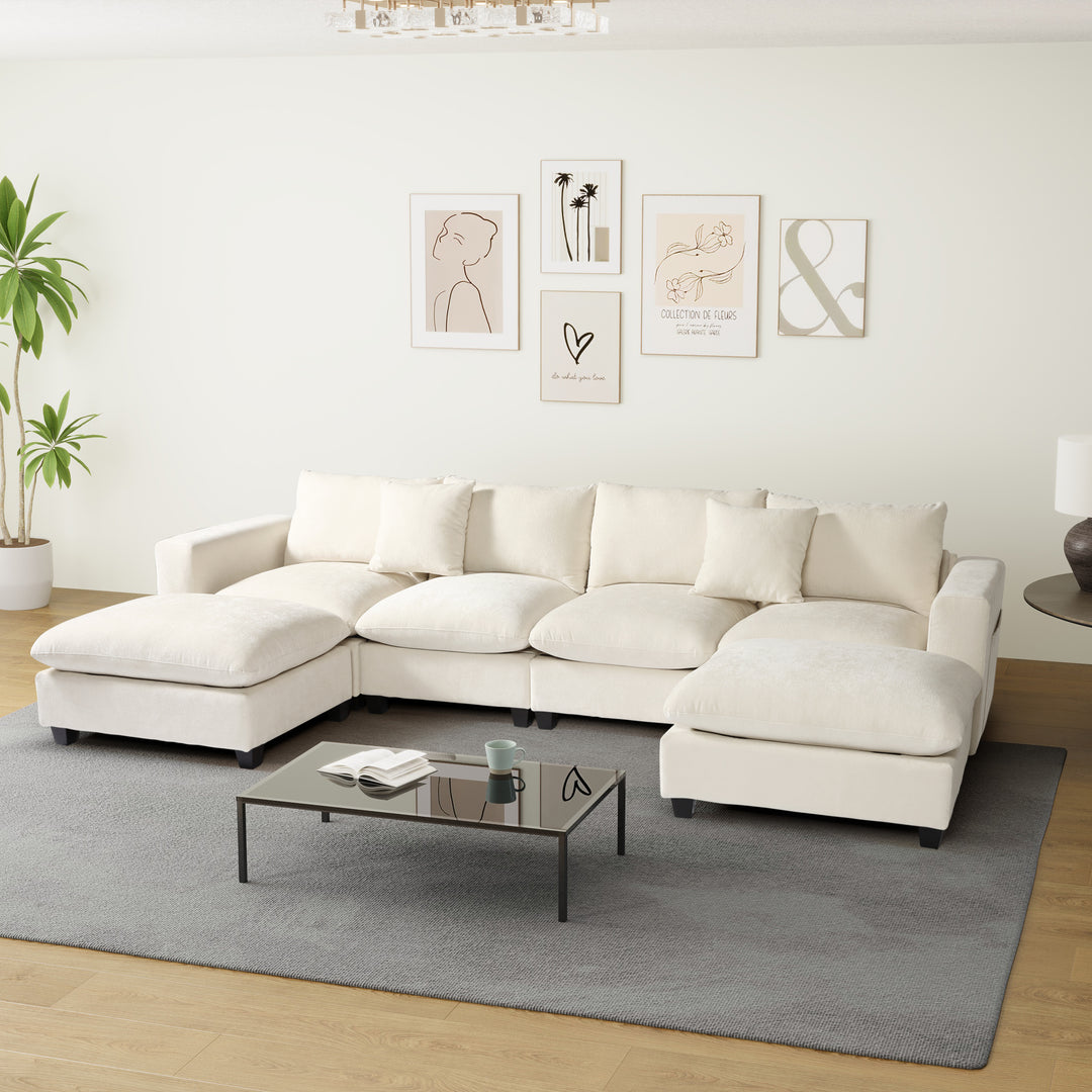 Augusta 128" Chenille Modular U-Shaped Sectional Couch and Chaise With USB/Type-C Ports and Side Pockets