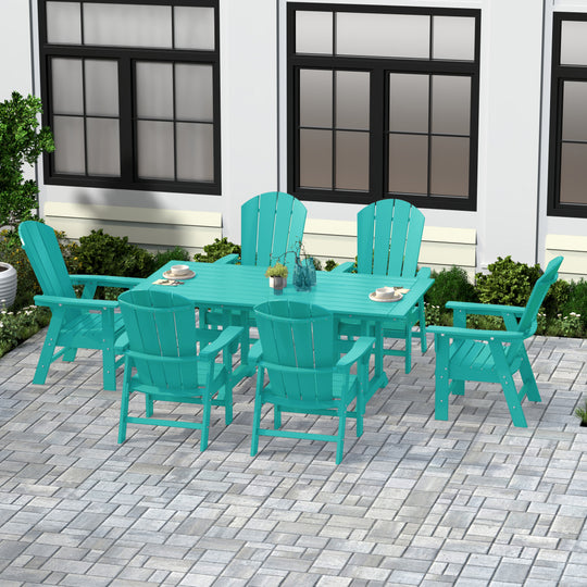 Malibu 7 Piece Outdoor Patio Dining Table and Adirondack Armchair Set