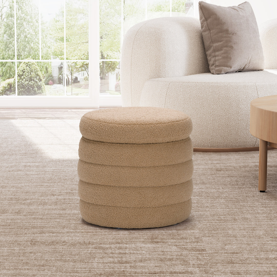 Alexandria Mid-Century Modern Faux Sherpa Round Storage Ottoman