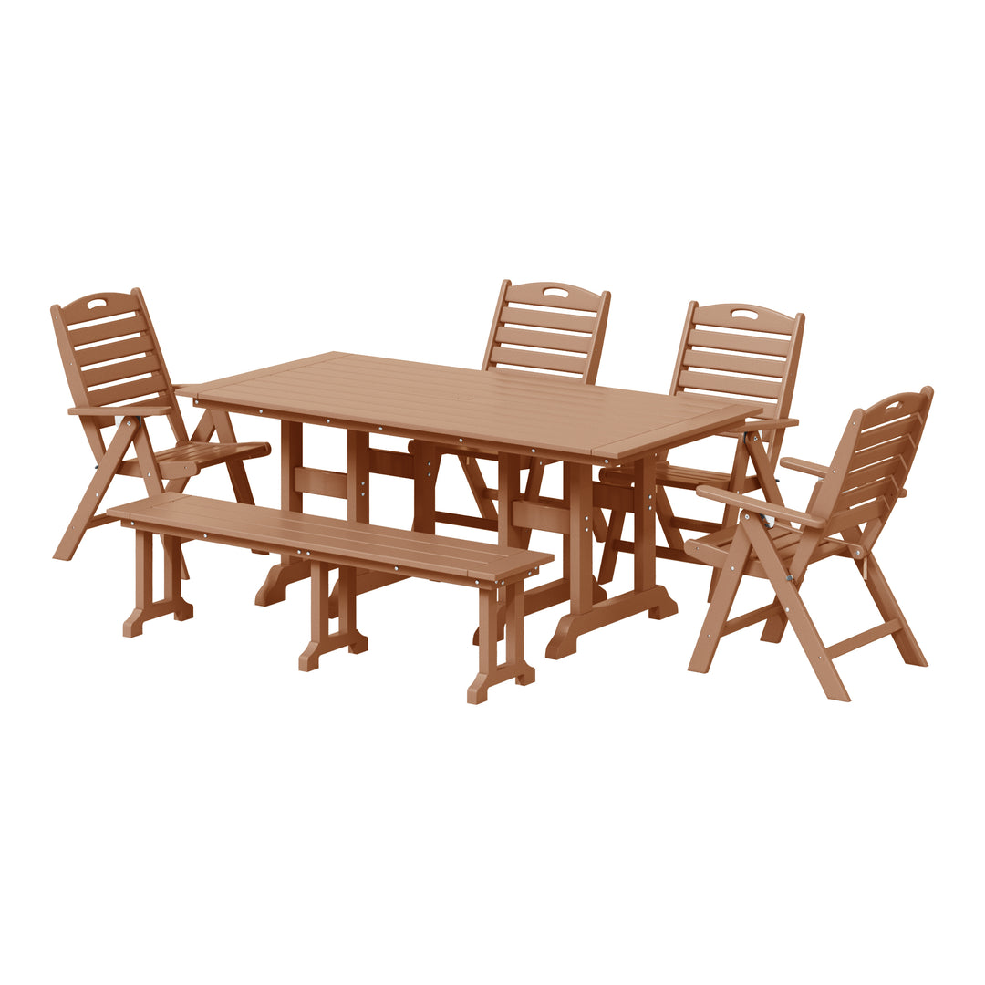 Malibu 6-Piece HDPE Rectangular Patio Dining Table Set with Foldable Chairs and Patio Bench